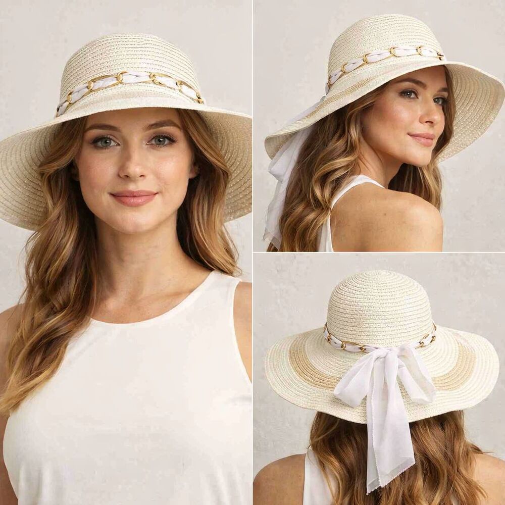 Wide Brim Straw Sun Hat with White Ribbon Bow – Off‑White Woven Beach Hat